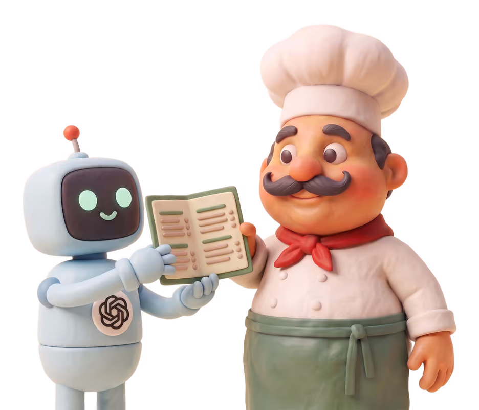 Giuseppe podaje gliniane menu robotowi z logo ChatGPT