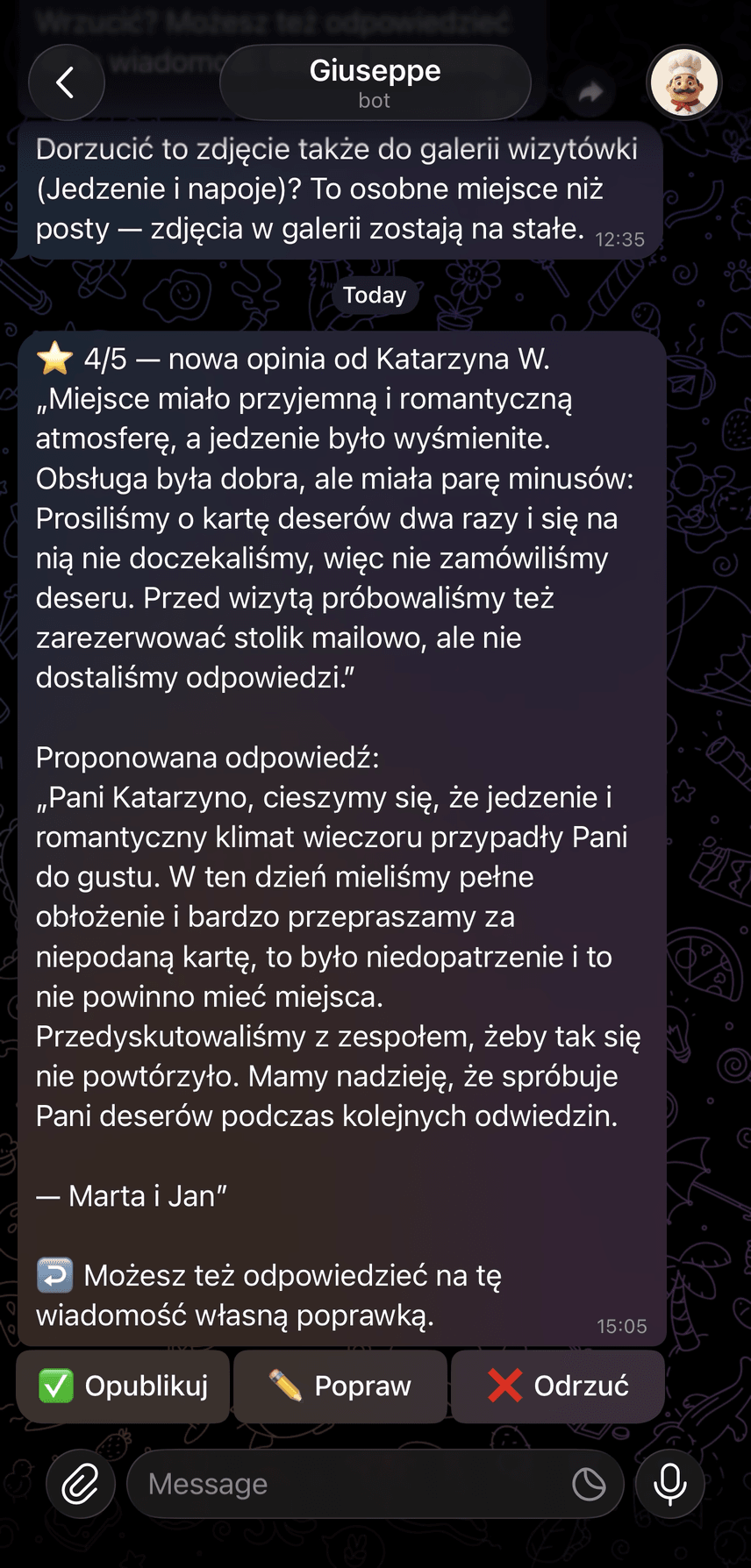 Zrzut ekranu: opinia z Google i odpowiedź, którą Giuseppe przygotował do Twojej akceptacji