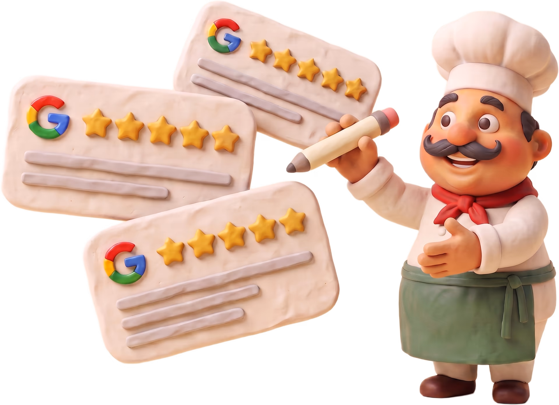 Giuseppe holding a pencil beside three clay Google reviews, each showing five gold stars
