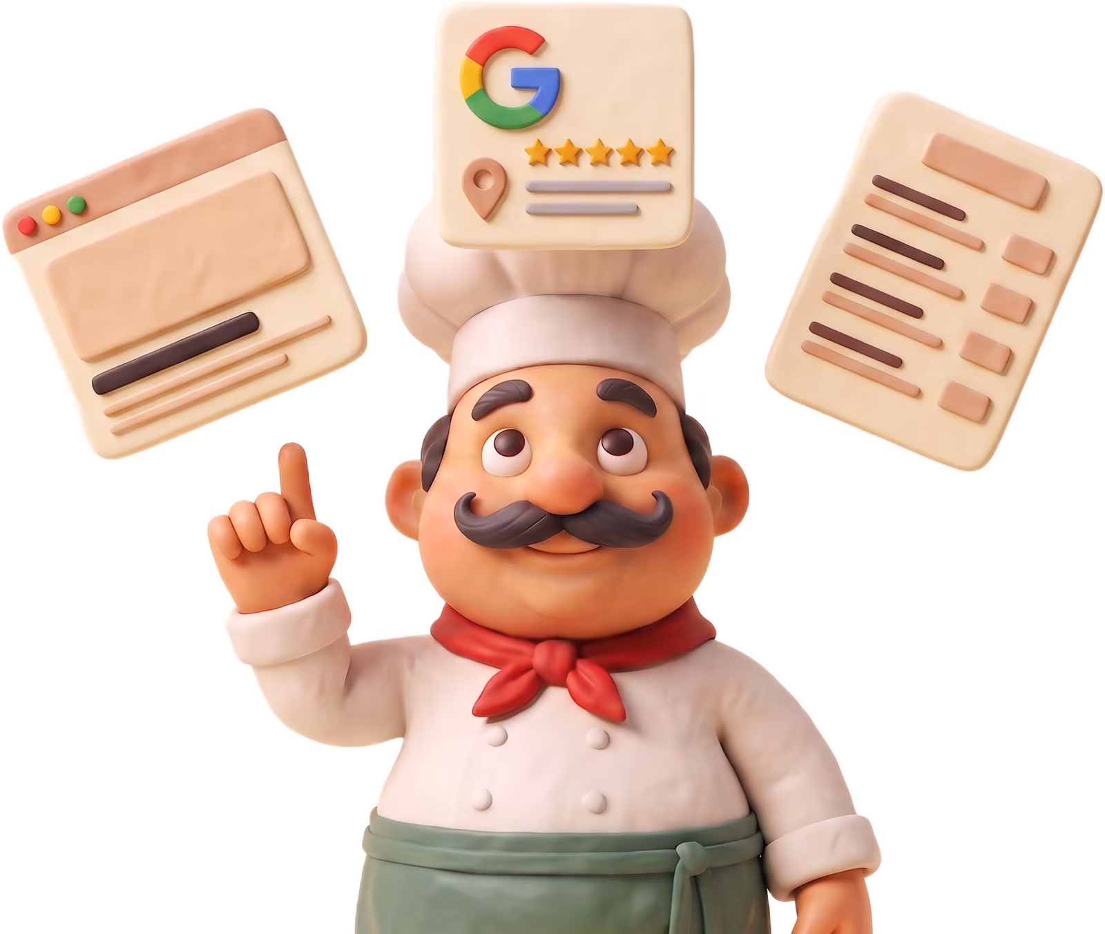 Giuseppe looking up and pointing at three clay objects floating above his head: a website, a Google Business Profile and a priced menu